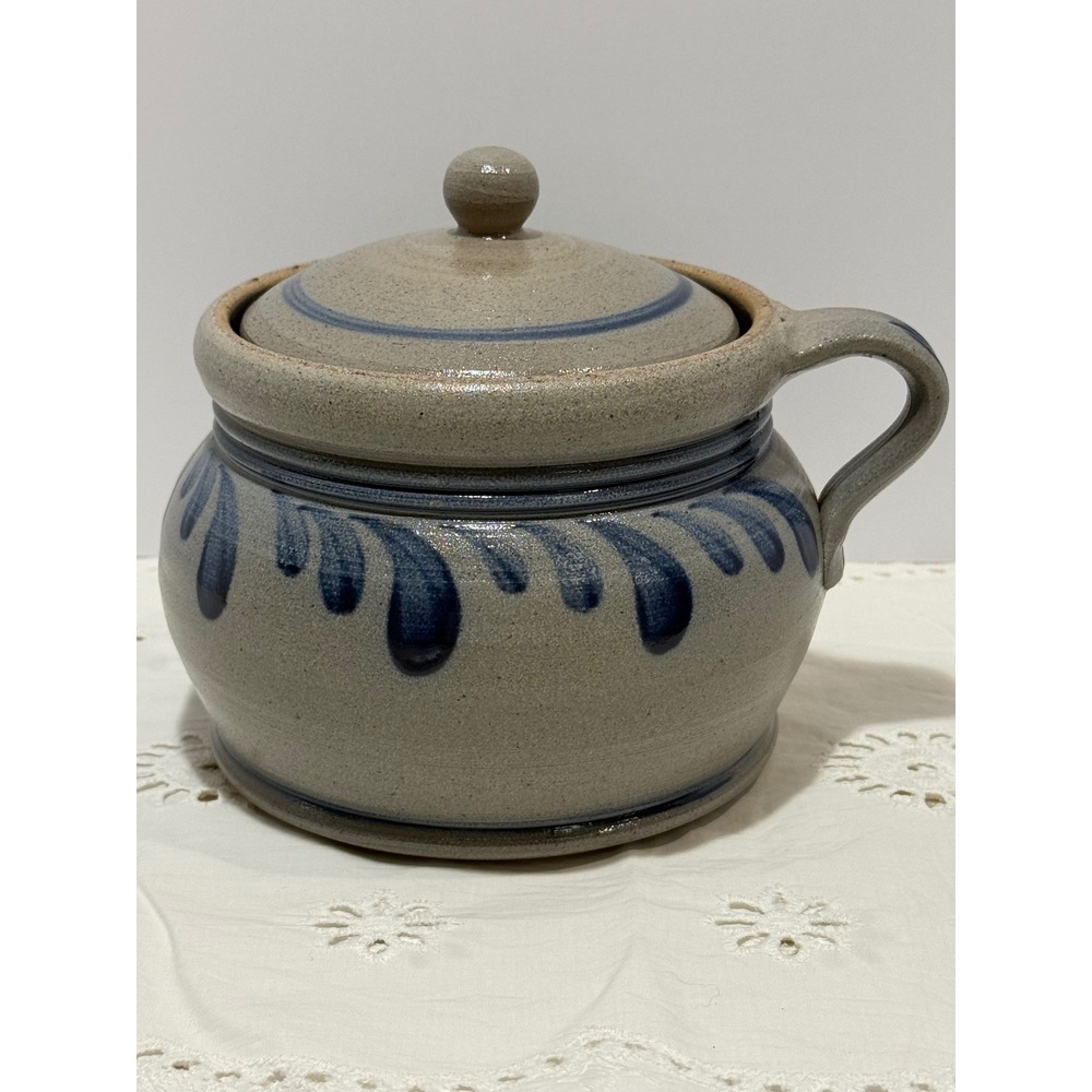 Rowe Pottery Salt Glazed Stoneware Bean Pot with Lid Grey Cobalt Blue Handle